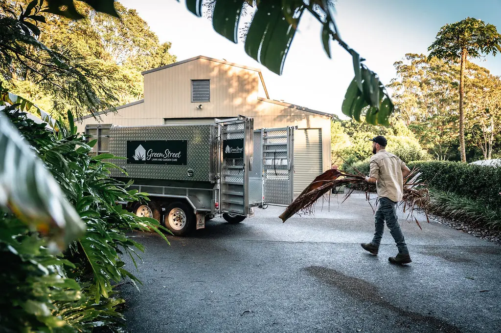 Team member carrying palm fronds to the GreenStreet trailer during a garden clean up